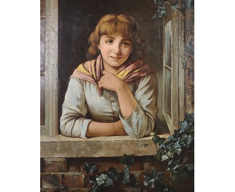 Arthur Potter (19th-20th Century) British. Portrait of a Lady Resting on a Windowsill, Oil on Canvas, Signed, 36" x 28".