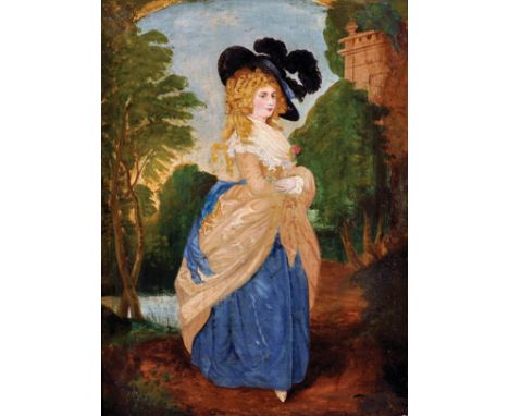 After Thomas Gainsborough (1727-1788) British. 'The Duchess of Devonshire', Portrait of a Lady in a Landscape holding a Flowe