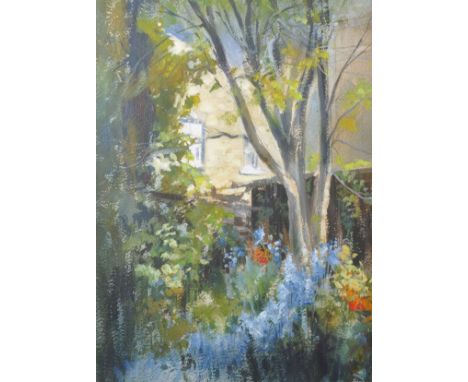 Sim (20th Century) British. "A Patch of Blue", a Garden Scene, Mixed Media, Signed, and Inscribed on the mount, 19.25" x 14".