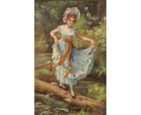 J... Glendening (19th -20th Century) British. An Elegant Young Lady Crossing a Fallen Tree Trunk, Oil on Canvas, Signed, 12" 