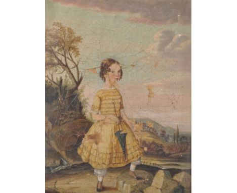 J... Lander (19th Century) British. A Provincial Portrait of a Girl standing full length in a Landscape, Oil on Canvas, Signe
