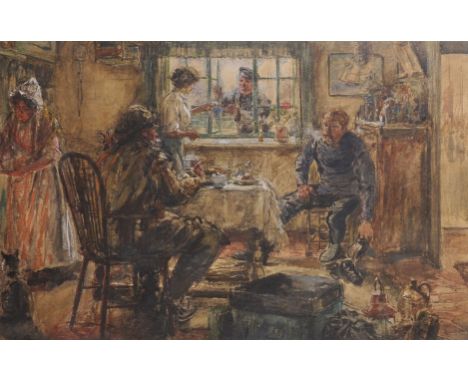 20th Century English School. A Cottage Interior with Figures, Print, 15.75" x 25.25".