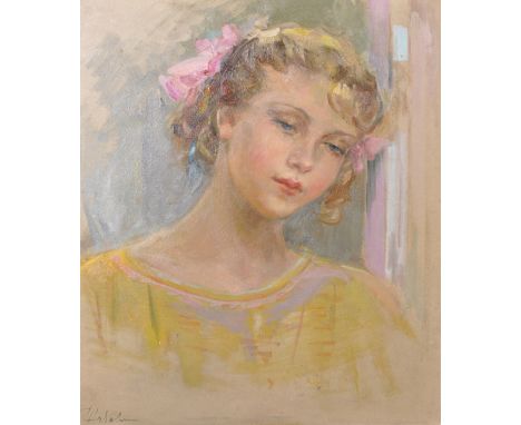 Sofya Matveevna Nizovaia (1918-2003) Russian. "Nadia", Portrait of a Young Girl in a Yellow Dress with Pink Ribbons in her ha