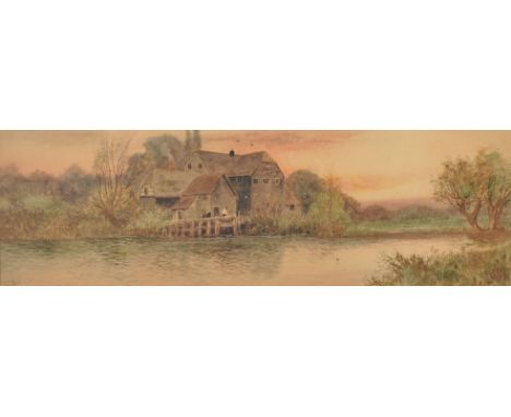 J Clifford (early 20th Century) British. An Evening River Landscape, with Figures by Buildings, Print, 6.75" x 20.75".