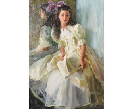 Konstantin Razumov (1974    ) Russian. Portrait of a Young Girl reading a Book, Oil on Canvas, Signed, and Signed and Inscrib