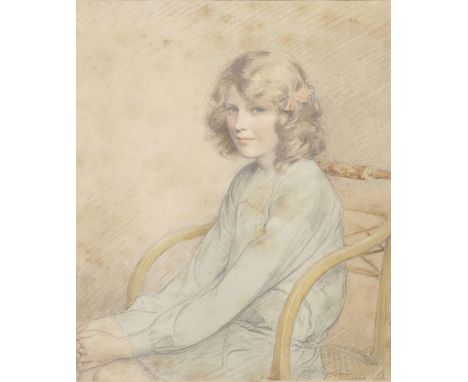 Frederick Pegram (1870-1937) British. Portrait of a Seated Beautiful Young Girl in a Turquoise Dress, Pencil and Watercolour,