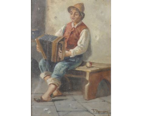 J...Berney (20th Century) European. A Peasant Boy playing his Accordion, Oil on Artist's Board, Signed, 10" x 7".