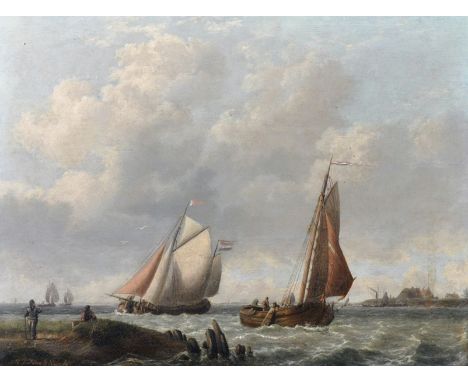 Hermanus Koekkoek (1815-1882) Dutch. A Coastal Seascape with Shipping and Figures in the foreground, Oil on Panel, Signed, 9"