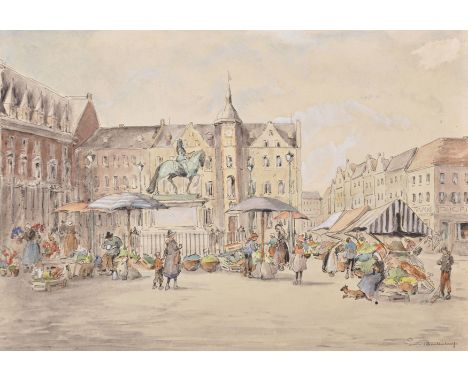 Gerard Barthelemy (1927-2016) French. A Market Scene in a Continental Square, Watercolour, Signed, Unframed, 8.25" x 12", tog