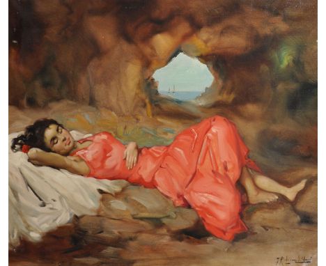 Early 20th Century Spanish School. An Elegant Young Beauty reclining in a Cavern, a Seascape beyond, Oil on Canvas, Indistinc