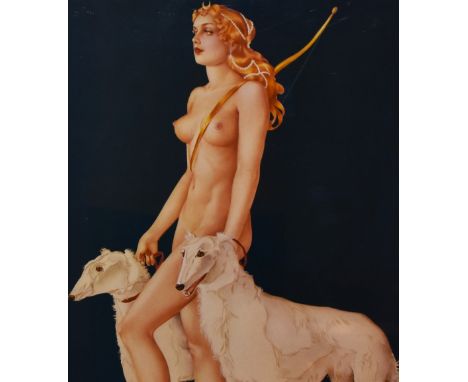 20th Century, coloured print, A Renaissance style print of the Roman goddess and huntress, Diana, with greyhounds, framed, mo