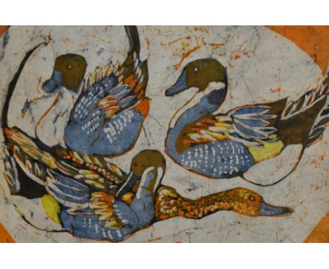20th Century Asian School, A batik print depicting ducks, under glass, measuring 36cm x 38cm overall