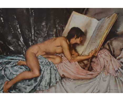 After Sir William Russell Flint RA ROI (1880-1969, British), coloured print, A reclining nude reading, blind stamped, limited