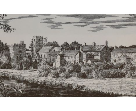 After Alfred Wainwright MBE (1907-1991), print, 'West Tanfield', Yorkshire, after an original pen and ink, framed, mounted, a