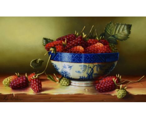 Rob Ritchie (b.1965, British), oil on board, A still life arrangement depicting grapes in a Royal Worcester style bowl, a pho