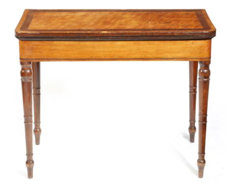 A Regency satinwood and mahogany card table, inlaid with stringing, the fold-over top with partridge-wood banding, revealing 