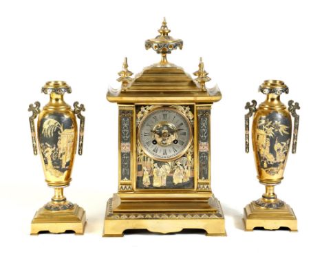 A late 19th century French gilt and patinated brass chinoiserie mantel clock garniture by Achille Brocot, the eight day movem