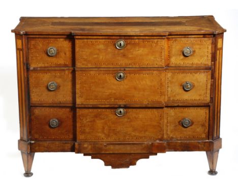 An 18th century Dutch breakfront  fruitwood and mahogany commode, inlaid with feather stringing and flowerheads, with three l