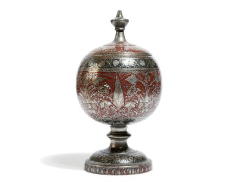 A late 19th century Bidriware white metal and enamel lidded urn, with copper bands decorated with scrolling leaves, flowers a