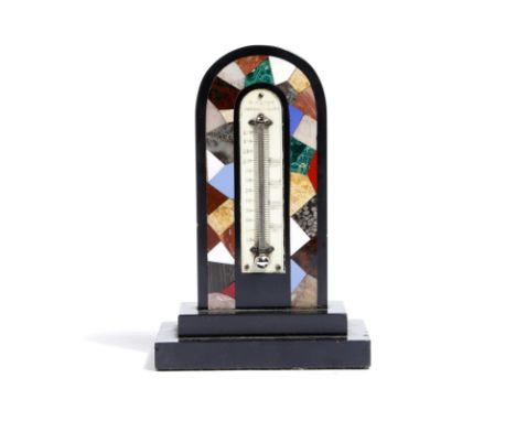 λ A Victorian Derbyshire pietra dura desk thermometer, of arch shape, the ivory scale signed 'J. DAKIN MATLOCK BATH', 15.8cm 