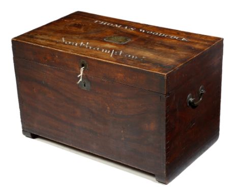 A Victorian camphorwood maritime trunk, the hinged lid painted with 'THOMAS WOODCOCK SOUTHAMPTON' and with a brass plaque ins