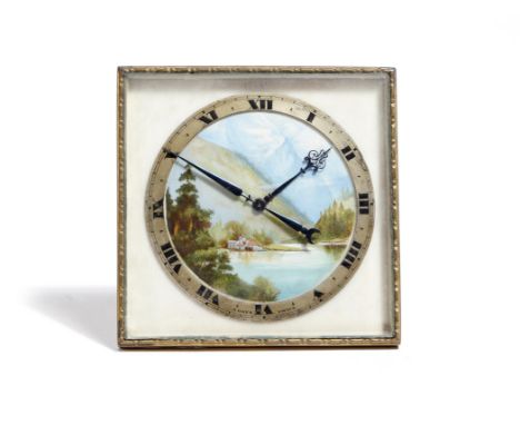 λ  An early 20th century gilt brass and ivory dressing table clock, with an eight day movement, the dial painted with an Alpi