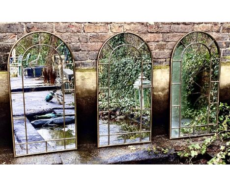 ARCHITECTURAL WALL MIRRORS, a set of 3, bronzed finish frames, 107cm x 55cm. (3) 