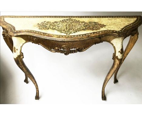 ITALIAN CONSOLE TABLE, Florentine giltwood and parcel gilt of serpentine outline with cabriole shaped supports, 109cm x 30cm 