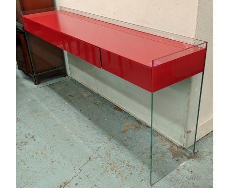 CONSOLE TABLE, 203cm x 45.5cm x 90cm, contemporary clear and red tinted glass, three drawers. 