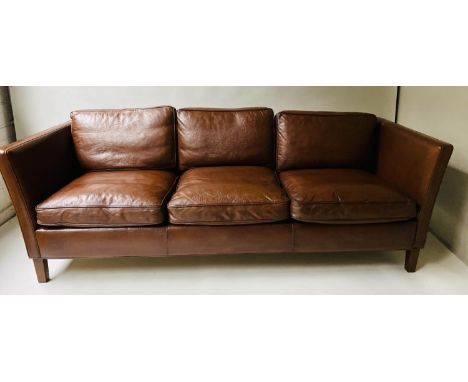 SOFA, 1970s Danish grained natural brown leather (three seater), 205cm W. 