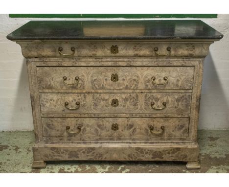 COMMODE, 98cm H x 130cm W x 59cm D, Louis Philippe, bleached burr walnut with marble top above four drawers. 