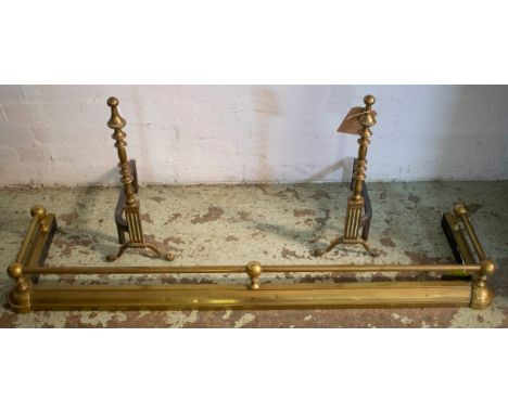 FENDER, late 19th century brass with two 19th century firedogs with turned columns to front, 135cm W x 35cm x 54cm H. (3) 