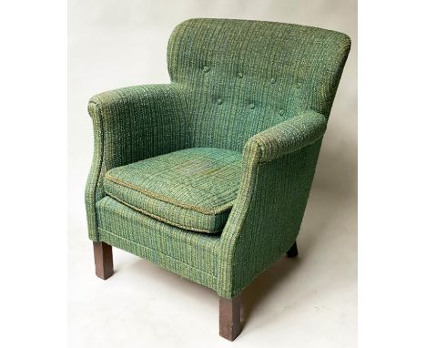 DANISH WING ARMCHAIR, 1950's woven green upholstery with button back and rounded arms, 70cm W. 
