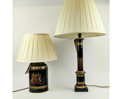 TOLEWARE TABLE LAMP, 51cm H decorated with a coat of arms and a shade and another ebonised Table Lamp 77cm H with a turned co