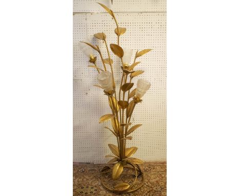 FLOOR LAMP, 144cm H circa 1950, Italian gilt metal leaf design with four lights and moulded glass shades. 