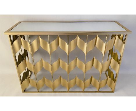 CONSOLE TABLE, gilt metal chevron design with gilt metal inserted glass mirrored top, 82cm high, 120cm wide, 40cm deep. 