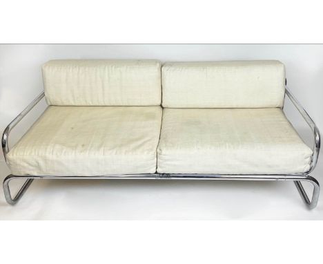 SOFA by OMK, chrome tubular frame with white upholstered linen cushions and slatted supports, 58cm x 184cm x 81cm. 