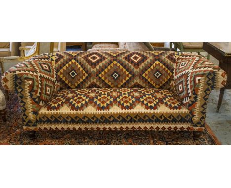 CHESTERFIELD SOFA, 70cm H x 198cm x 88cm, Victorian mahogany in kilim upholstery. 