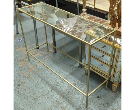 CONSOLE TABLE, 111cm x 35cm x 76.5cm, gilt metal, bevelled glass top. 