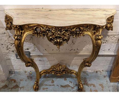 CONSOLE TABLE, 95cm x 87cm H x 31cm Rococo style gilt with a serpentine shaped marble top. 