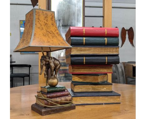 ELEPHANT TABLE LAMP, 59cm H with a shade and an occasional table 33cm x 33cm x 50cm H in the form of a pile of faux books hav