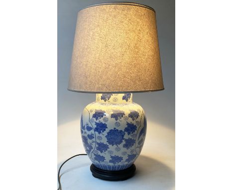 TABLE LAMP, Chinese ceramic blue and white dragon vase with shade, 71cm H. 