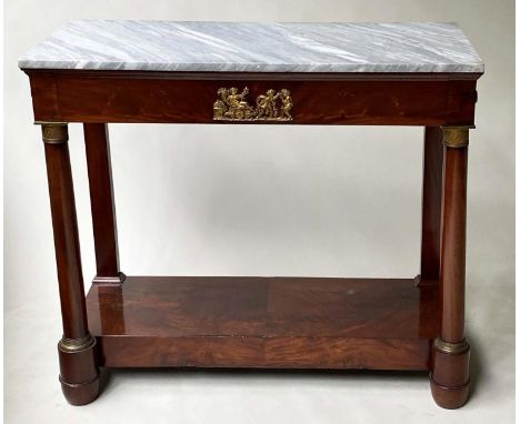 EMPIRE CONSOLE TABLE, 99cm W x 43cm D x 87cm H, early 19th century French, flame mahogany and gilt  metal mounted, with marbl