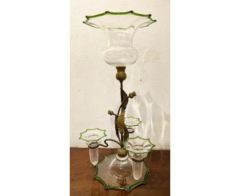 EPERGNE, Victorian gilt metal thistle stem with clear glass, with green rims, 50cm H x 25cm. 