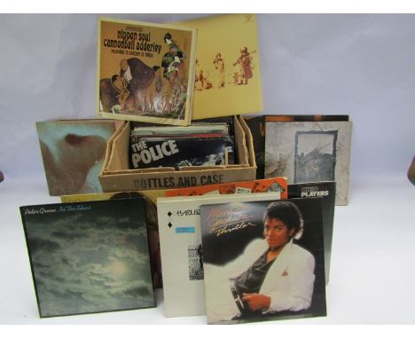 A box of mixed LPs including Led Zeppelin, Santana, The Police, Bob Dylan, Genesis, Pink Floyd, Cannonball Adderley, Joni Mit