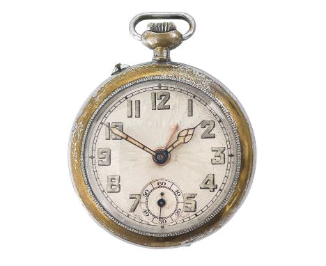 An early 20th-century chrome case military alarm pocket watch. The 42mm silvered engine turned dial with luminous Arabic nume
