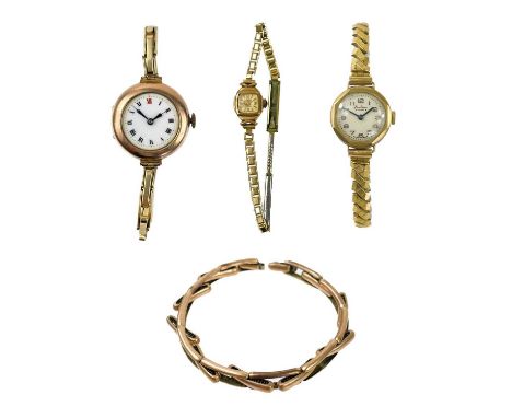 Three 9ct gold-cased lady's manual wind wristwatches and a 9ct expanding bracelet. One watch by Bentina, another by Accurist,