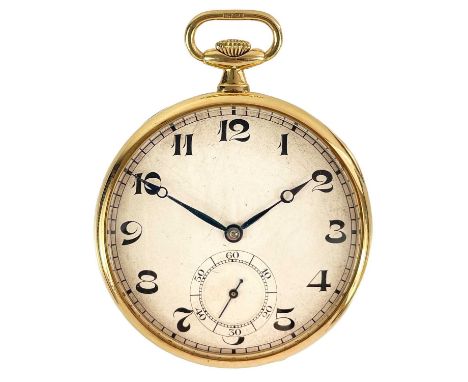 A 1920's Art Deco 18ct gold cased crown wind slim dress pocket watch by Tavannes Watch Co. The 40mm silvered dial with black 