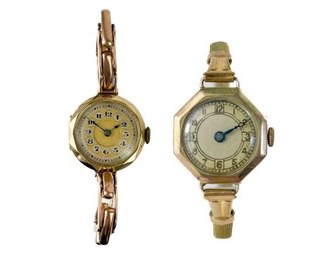 A 1920's 9ct gold lady's bracelet wristwatch and a 9ct cased wristwatch. The bracelet wristwatch with 20mm bi-colour dial, 15