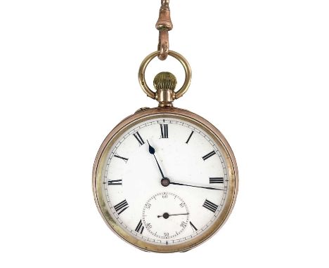 A 9ct rose gold open face crown wind lever pocket watch with 9ct rose gold Albert watch chain. The 42mm white enamel dial wit
